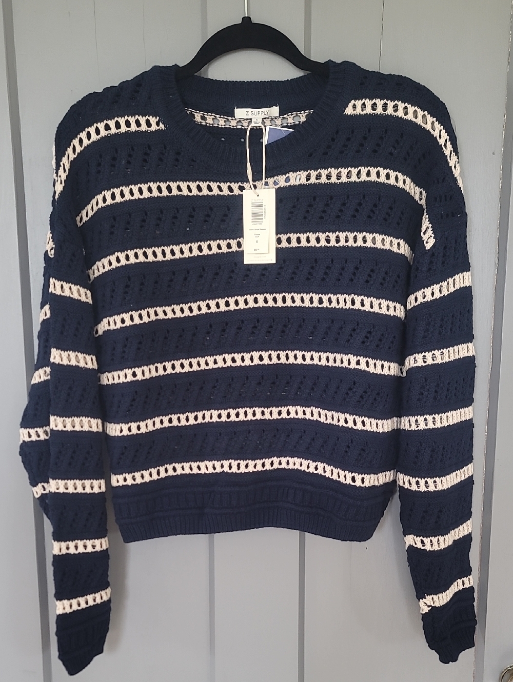 Z Supply Navy and Cream Striped Open-Knit Crew Sweater